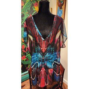 City Chic Multicolor Butterfly Print Sheer V-Neck Top Back Tie Detail Size M